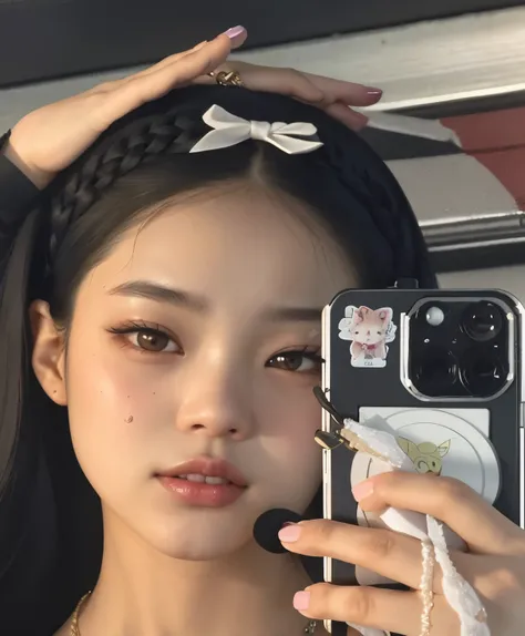 There is a woman taking a photo with her cell phone, jennie rosa negro, Jisoo de Blackpink, jisoo de blackpink, jossi de blackpink, parque roseanne de blackpink, autofoto iphone, Orejas de gato en la cabeza, TaeJune Kim, heonhwa choe, retrato de jisoo rosa...