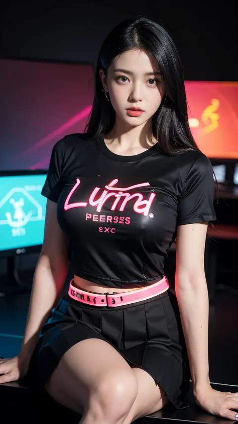 8K, ultra HD, masterpiece, 1 girl, good face, loong hair, detailed eyes, detailed lips, (perfect beautiful Curved figure), (plated sports t-shirt:1.5), (black color:1.5), (plated spreading skirt:1.5), computer graphics room, (neon lights:1.5), LED screen, ...