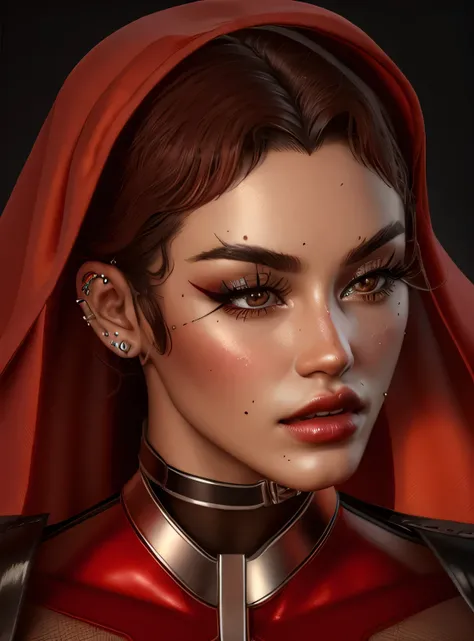 there is a woman with a red hood and a choker, glossy skin, dreem doll look alike, daz 3d, red mesh in the facede with very highly detailed face, sultry expression, detailed realistic face, glamor profile pose