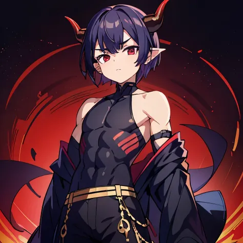 1boy((best quality)), ((masterpiece)), (detailed), perfect face1 boy;((best quality)), ((masterpiece)), (detailed), perfect face;shuten doji style; pretty face ; pretty boy, demon horns protruding out of forehead; black hair; lean physique; wearing tight s...