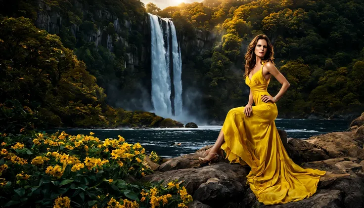 beautiful young lady (Kete Beckinsale), (27 anos), vestido longo Amarelo com Vinho, de corpo inteiro, rocher, Very realistic waterfall, coucher du soleil, fleurs