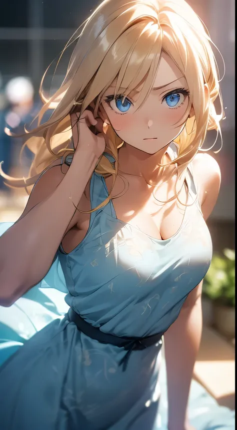 Anime style, filmgポートレート写真, 1womanl, 30-years old, full bodyesbian, large full breasts, Angry, Golden hair, Longhaire, Blue eyes, Wearing a light blue dress, (Natural Skin Texture vibrant detail, hyper realisitic, (Realistic detailed eyes, Natural Skin Tex...