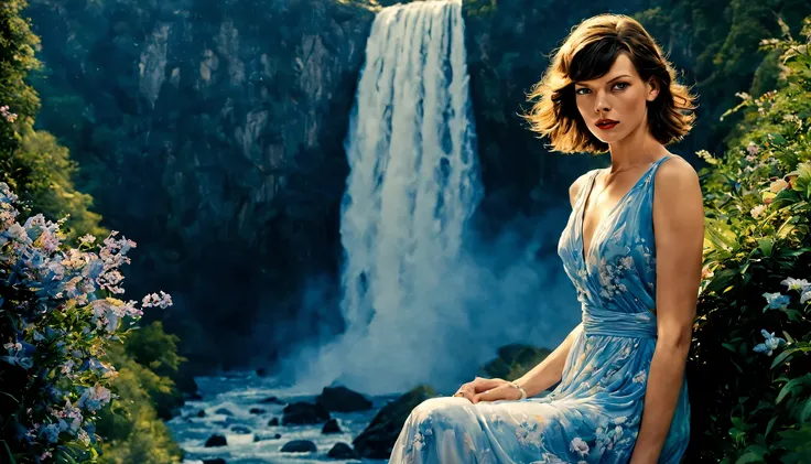 beautiful young lady (milha Jovovich), (20 anos), vestido longo Branco com Azul , de corpo inteiro, rocher, Very realistic waterfall, coucher du soleil, fleurs