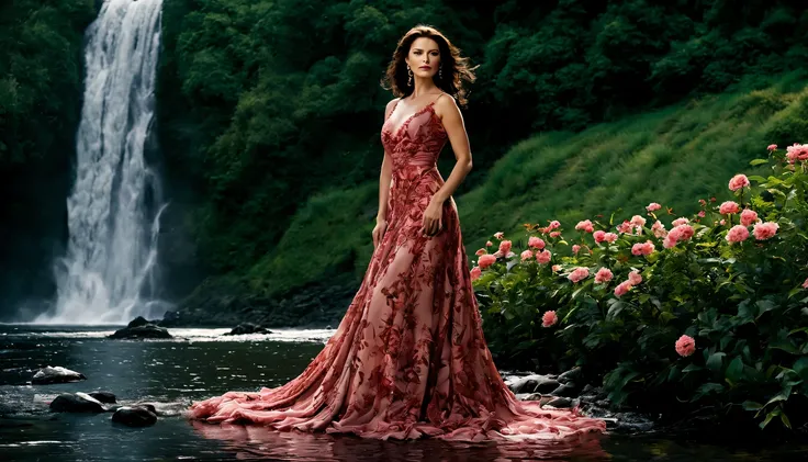 beautiful young lady (Catherina Zeta Jones), (20 anos), vestido longo Rosa com Vermelho, de corpo inteiro, rocher, Very realistic waterfall, coucher du soleil, fleurs