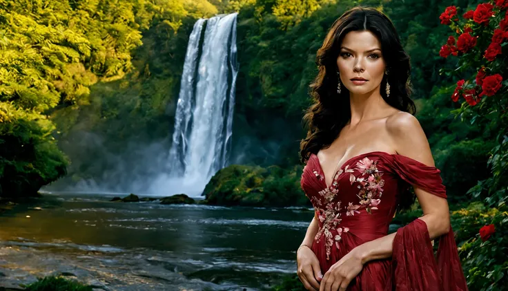 beautiful young lady (Catherina Zeta Jones), (20 anos), vestido longo Rosa com Vermelho, de corpo inteiro, rocher, Very realistic waterfall, coucher du soleil, fleurs