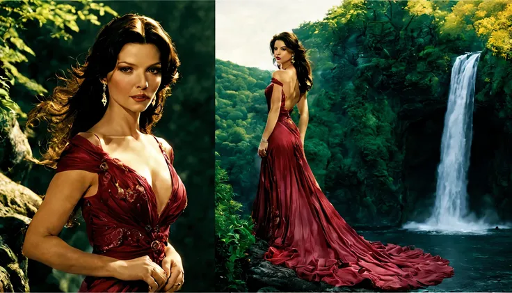 beautiful young lady (Catherina Zeta Jones), (20 anos), vestido longo Rosa com Vermelho, de corpo inteiro, rocher, Very realistic waterfall, coucher du soleil, fleurs