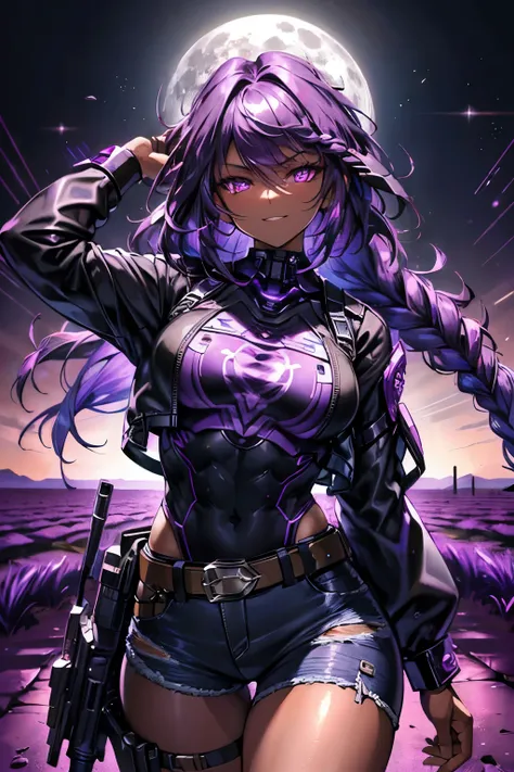 ((beautiful muscular dark-skinned gun slinger girl)), (mischievous grin), ((thick braided purple hair)), glowing purple eyes, bl...