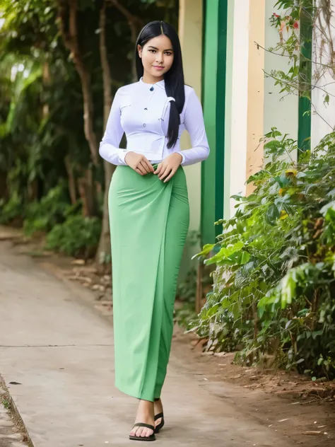 A teacher going to school, tall, thin,Big hips, big breasts, black hair, small lips, green eyes, sexy, 8KTop: white Burmese blouse,With long sleeves,Buttoned at the side.Bottom: green htamein
Footwear: female Burmese sandals.The hair is knotted.coiled