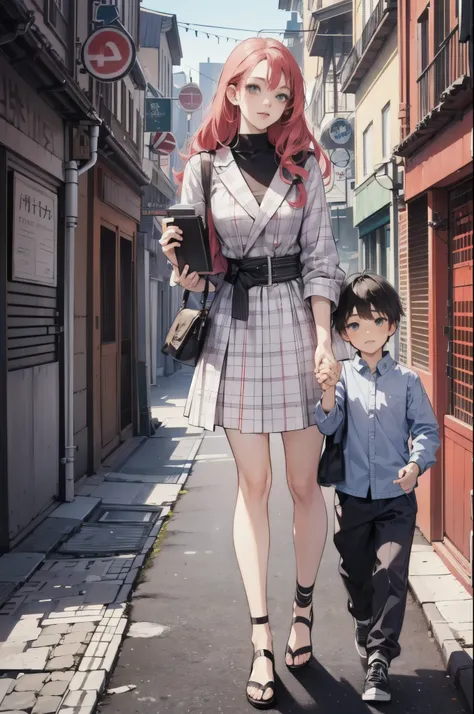 "Young busty  single mom with her elementary school son, holding hands and walking to school, in a high-detail colored manga style masterpiece, vibrant and dynamic, capturing a slice-of-life scene, intricate details highlighting their expressions and surro...