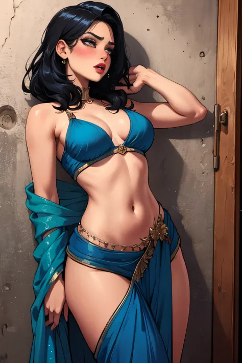 Sexy woman, 60/40 hair part, lots of eyeliner, blush and lipstick, sexy blue saree, low-waist saree, pinned against the wall, seductive gaze, blushing intensely, ready to kiss