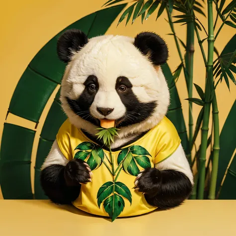 (best quality,highres),panda,logo,yellow background,bamboo,leaf,illustration,eating,playful,adorable,artistic style,eye-catching design,vibrant colors,warm lighting,creative,fine details,detailed fur texture