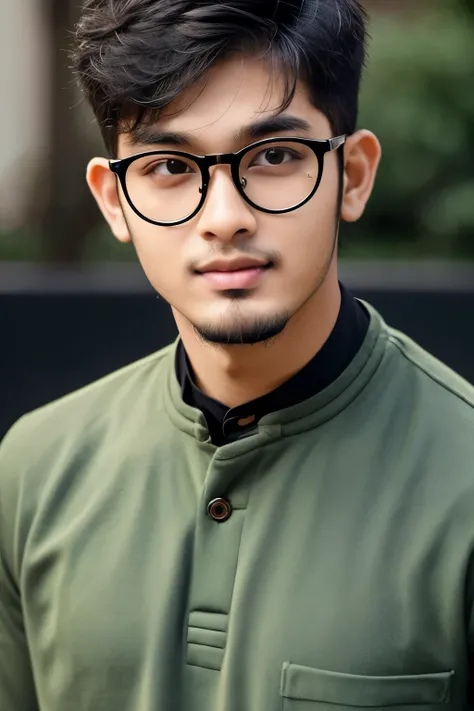  Photorealsitic, A Bangladeshi handsome, a 21-year-old man wearing spectacle, Chuby face,no beard in face,detailed face details, spikey haircut, black panjabi,