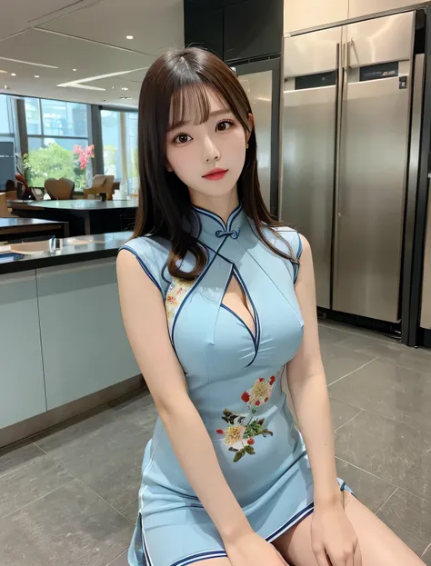 Tight aqua blue cheongsam,big breasts,Korean beauty ,8K quality