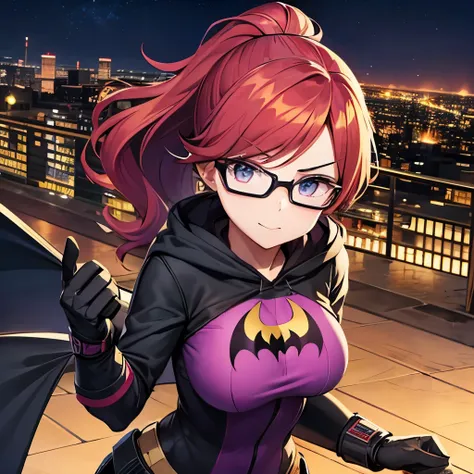 Barbara Gordon as Batgirl in anime style. She has long red hair in a ponytail, blue eyes, and glasses. She wears a purple and yellow bat costume with a bat emblem on her chest, a yellow utility belt, a purple cape, and a yellow mask. She is holding a grapp...