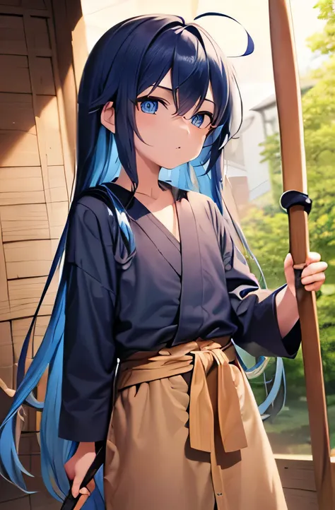 (one kid boy), anime style, masterpiece, (blue long hair), (blue eyes), (dark circles under the eyes), ((dressed in a potato sack, a wooden bokken in hand)), (background of a poor village), kawai face, ((((wooden bokken)))), 12 years