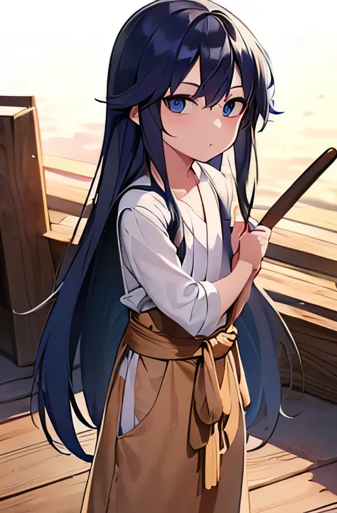 (one kid boy), anime style, masterpiece, (blue long hair), (blue eyes), (dark circles under the eyes), ((dressed in a potato sack, a wooden bokken in hand)), (background of a poor village), kawai face, ((((wooden bokken)))), 12 years