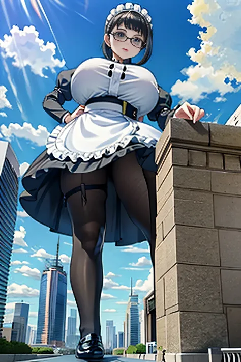 Giantの芸術, 非常に詳細なGiantショット, Giant, short hair, black pantyhose, A maid that is much bigger than a skyscraper, wearing rimless glasses, big breasts, big ass, navy maid uniform, black pantyhose, black shoes, very small metropolis, miniature metropolis, full b...