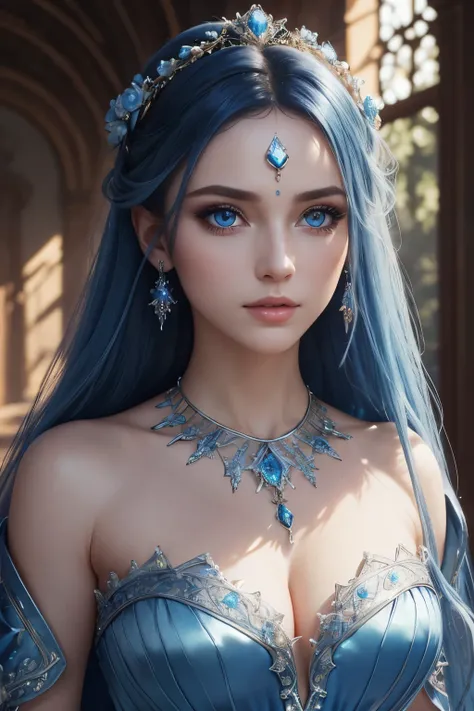 true masterpiece, a beautiful gorgeous fairy woman, blue long hair, blue eyes, symmetrical eyes, detailed eyes, high quality eyes, blue dress, perfect face, blue eyeshadow on her eyes, blue necklacke, blue clips in her hair, high quality face, realistic, p...