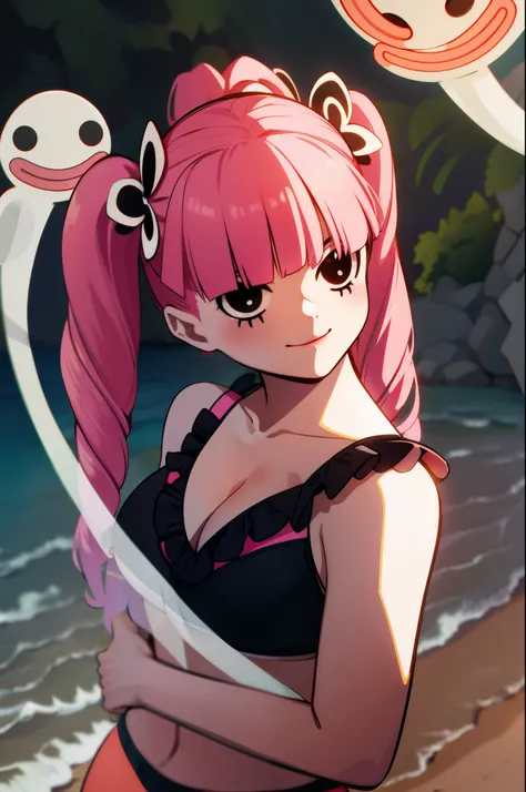 masterpiece, highest quality, 8K, ultra high resolution, highest quality, anime style, best writing, beautiful face, Peronaちゃん, cheems_Perona_V3, pink hair, black eye, long eyelashes, dull bangs, drill hair, red lipstick, twin tails,(Pink ruffled bikini:1....