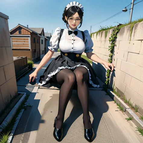 multiple girls, Giantの芸術, 非常に詳細なGiantショット, Giant, short hair, black pantyhose, A maid that is much bigger than a skyscraper, wearing rimless glasses, big breasts, big ass, navy maid uniform, black pantyhose, black shoes, very small metropolis, miniature me...