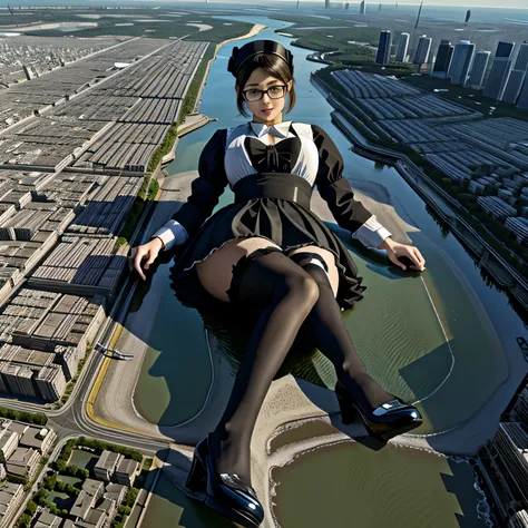 multiple girls, Giantの芸術, 非常に詳細なGiantショット, Giant, short hair, black pantyhose, A maid that is much bigger than a skyscraper, wearing rimless glasses, big breasts, big ass, navy maid uniform, black pantyhose, black shoes, very small metropolis, miniature me...