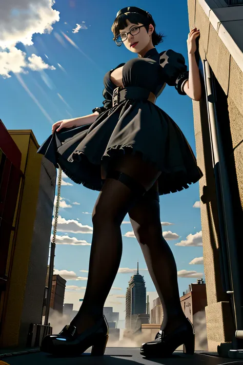 Giantの芸術, 非常に詳細なGiantショット, Giant, short hair, black pantyhose, A maid that is much bigger than a skyscraper, wearing rimless glasses, big breasts, big ass, navy maid uniform, black pantyhose, black shoes, very small metropolis, miniature metropolis, full b...