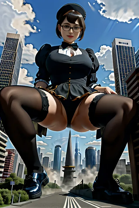 Giantの芸術, 非常に詳細なGiantショット, Giant, short hair, black pantyhose, A maid that is much bigger than a skyscraper, wearing rimless glasses, big breasts, big ass, navy maid uniform, black pantyhose, black shoes, very small metropolis, miniature metropolis, full b...