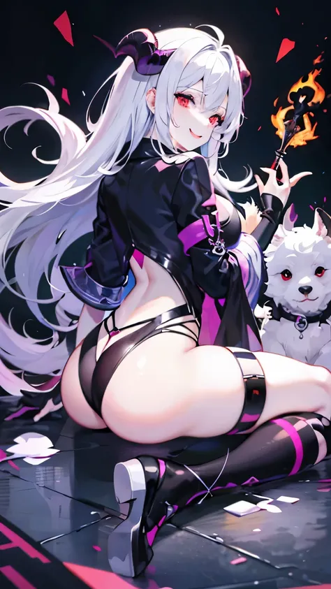 pale skin，dark风，wearing leg rings，long white hair，black eye shadow，red eyes，Abstinence，dark，goat horn，sickle，grim Reaper，sitting，succubus，Open the legs，Smile，Sticking out tongue，Battle damage，Broken clothes，back view，big ass
，puppy