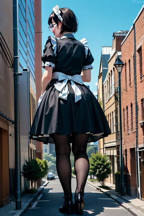 Giantの芸術, 非常に詳細なGiantショット, Giant, short hair, black pantyhose, A maid that is much bigger than a skyscraper, wearing rimless glasses, big breasts, big ass, navy maid uniform, black pantyhose, black shoes, very small metropolis, miniature metropolis, full b...