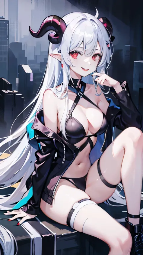 pale skin，dark风，wearing leg rings，long white hair，black eye shadow，red eyes，Abstinence，dark，goat horn，sickle，grim Reaper，sitting，succubus，Open the legs，Smile，Sticking out tongue，Battle damage，Broken clothes，camel toe
，puppy