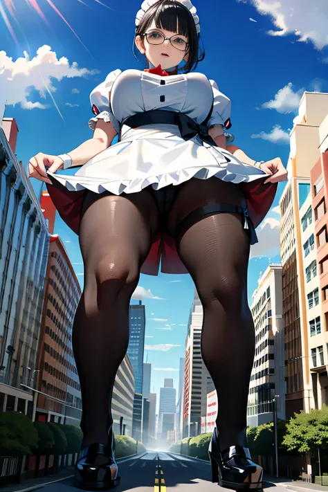 Giantの芸術, 非常に詳細なGiantショット, Giant, short hair, black pantyhose, A maid that is much bigger than a skyscraper, wearing rimless glasses, big breasts, big ass, navy maid uniform, black pantyhose, black shoes, very small metropolis, miniature metropolis, full b...