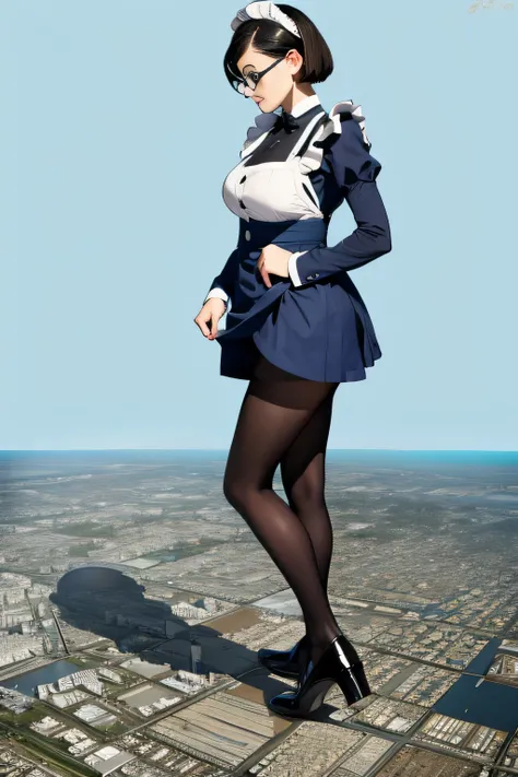 Giantの芸術, 非常に詳細なGiantショット, Giant, short hair, black pantyhose, A maid that is much bigger than a skyscraper, wearing rimless glasses, big breasts, big ass, navy maid uniform, black pantyhose, black shoes, very small metropolis, miniature metropolis, full b...