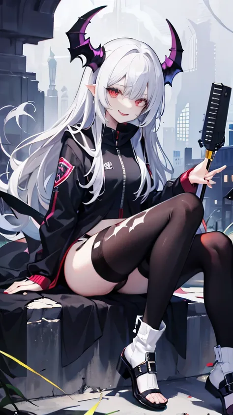 pale skin，dark风，wearing leg rings，long white hair，black eye shadow，red eyes，Abstinence，dark，goat horn，sickle，grim Reaper，sitting，succubus，Open the legs，Smile，Sticking out tongue，Battle damage，Broken clothes，camel toe
，puppy