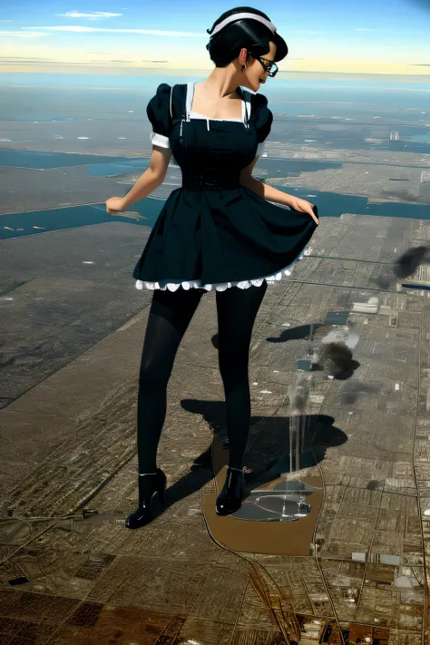 Giantの芸術, 非常に詳細なGiantショット, Giant, short hair, black pantyhose, A maid that is much bigger than a skyscraper, wearing rimless glasses, big breasts, big ass, navy maid uniform, black pantyhose, black shoes, very small metropolis, miniature metropolis, full b...