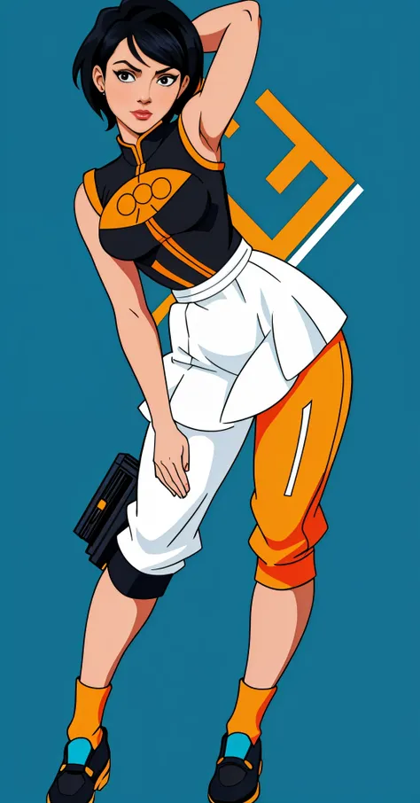 anime girl in a black and orange dress posing with her arms behind her head, retrato de corpo inteiro de um curta!, tracer em um vestido colante, pinup do tracer de overwatch, queixo, anime digital illustration, queixo from portal, personagem do rei dos lu...