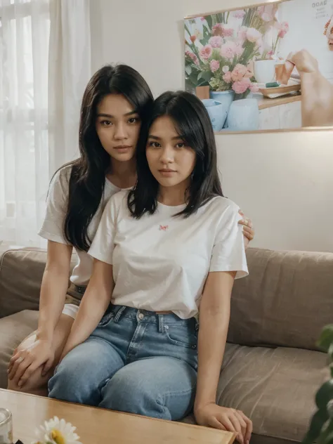 Selfie of a 25 year old Indonesian man with short black hair, wearing a white shirt, blue jeans and a 25 year old woman, chubby, long black hair, wearing a pink shirt and blue jeans, sitting on a sofa, white antique window background , a large monitor in t...