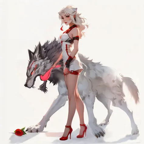 anime girl with red lips and red shoes standing next to a wolf, by yang j, female anthropomorphic wolf, guweiz, wlop and rossdra...