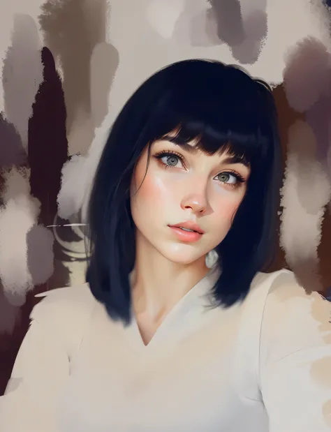 digital portrait, woman in a white sweater, portrait art, Digital painting, apply strokes to the wall behind, oil painting, portrait in digital painting styles, the hair is clearly drawn, Good quality, short dark hair,  Alexandra Valishevskaya, color portr...