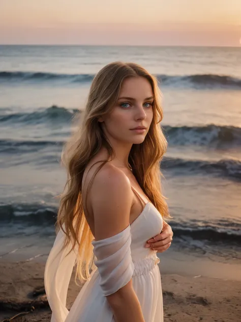 A captivating portrait of a gorgeous young woman with long brunette hair with blonde highlights, approximately 23 years old, wearing a flowing white gown, standing barefoot on a secluded beach at sunset. The woman is radiating an air of serenity and peace ...