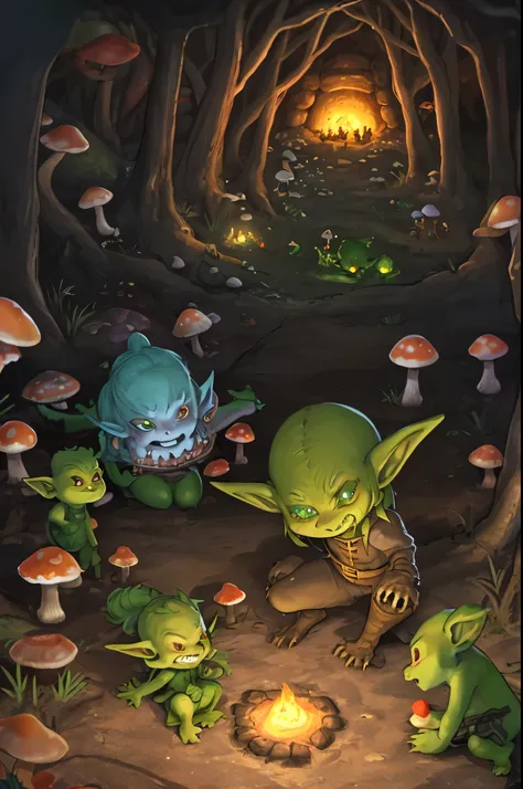 a goblin lair deep underground lit by glowing mushrooms, several very feral goblins chew on the bloody remains o an elf they kil...