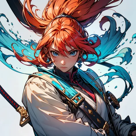 Character ((Male)) , Orange Hair Ichigo Bleach style , One (( Samurai)) , Black Eyes , (( CUTE )) , Only One Character , (( Focus on a Character )) , Digital Anime combat Pose, Powerful , Beautiful Man , Sword,multidimensional geometric wall PORTRAIT, arte...