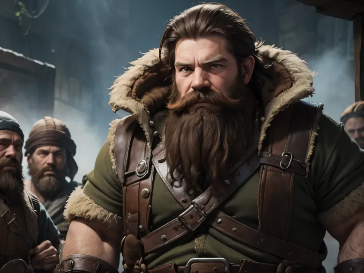 A short and burly elder Dwarf with a chest-length scruffy red beard that stretches and covers his chest and part of his belly area. Mustache with two pleats finely taken care of. He wears common clothing, a little tattered here and there with patches to co...