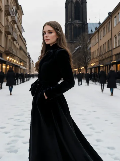 A captivating portrait of a gorgeous young woman with long brunette hair with blonde highlights, approximately 23 years old, wearing a long black velvet coat with a fur collar, standing in the historic center of Frankfurt, Germany during a winter freeze. T...