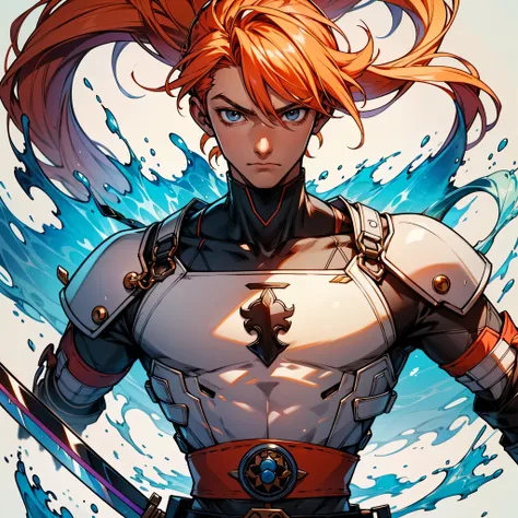 Character ((Male)) , Orange Hair Ichigo Bleach style , One (( Samurai)) , Black Eyes , (( CUTE )) , Only One Character , (( Focus on a Character )) , 8K Anime , Powerful , Beautiful Man , Sword,multidimensional geometric wall PORTRAIT, arte, Chibi, Yang08k...
