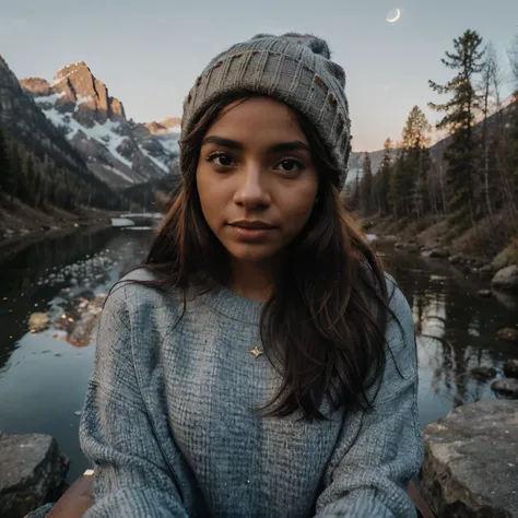 photorealistic, best quality, hyper detailed, beautiful woman, selfie photo, brown skin, big eyes upper body, solo, wearing pullover, outdoors, (night), mountains, real life nature, stars, moon, (cheerful, happy), sleeping bag, gloves, sweater, beanie, fla...