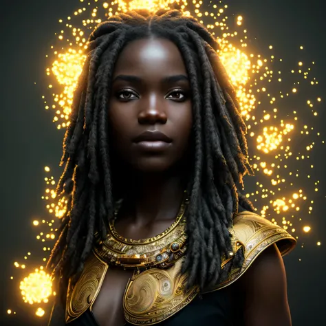 (Masterpiece) An incredibly detailed photo of a dark black beauty with golden eyes, bright golden makeup, golden eyelashes, golden tears running down, in the style of bioart, raw metallicity, dominance of black and white, golden African influence, color pu...