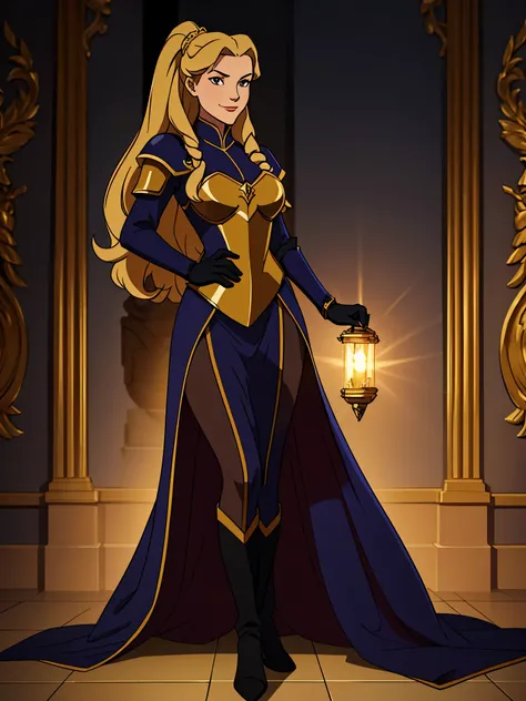 masterpiece, Best quality, full length,  1 Aristocratic woman, arrogant smile, long light hair, drill hairstyle, in dark expensive knightly female armor, wearing long gloves, in thigh-high boots, Decorations