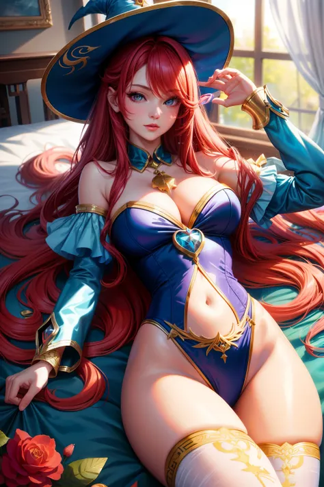 Miss Fortune, enchanted and mesmerizing, lies on her bed with a backdrop of whimsical, enchanted forest. Her bewitching aura illuminates the room with an ethereal glow. The colors of the magical scene burst with life, as if straight out of a Guvitz-style a...