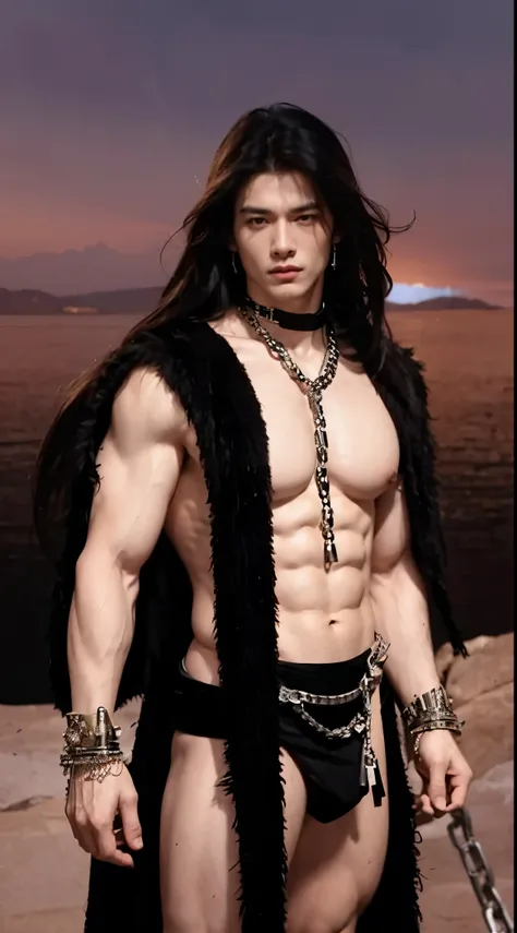 handsome muscular man, white skin, in black tribal robe with a lot of chains, sitting on king throne