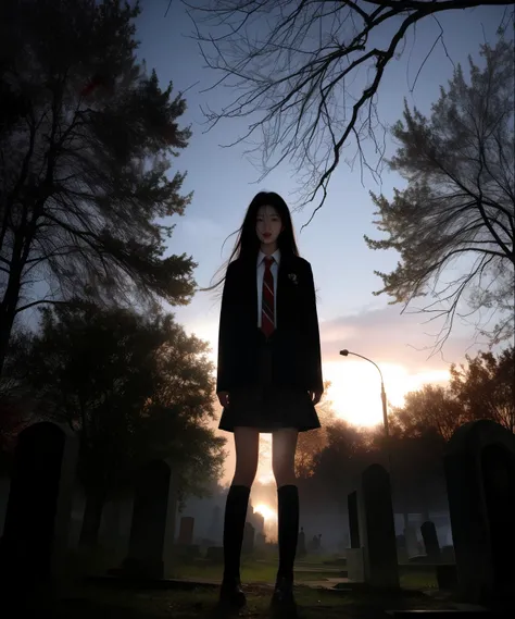 asterpiece,best quality, ultra highres,
1girl,long hair,black hair,red eyes,standing,no expression, blood, solo, blood splatter, blood on clothes, school uniform,cowboy shot, empty eyes, closed mouth, 
night,dark, graveyard, lightning,torrential rain, bare...